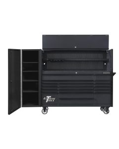 EXTDX72HRSMK image(0) - Extreme Tools DX Series 72in W x 21in D Extreme Power Workstation Hutch, 17-Drawer Roller Cabinet  and 19in Side Locker Combo, Matte Black w Black Drawer Pulls