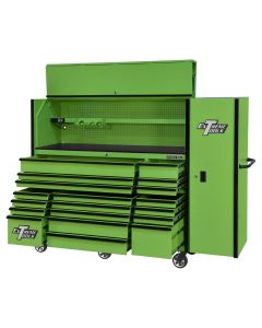 EXTRX7230HRSGK image(0) - Extreme Tools RX Series 72in W x 30in D Professional Extreme Power Workstation Hutch, 19-Drawer Roller Cabinet-250 lbs Slides and 19in 3-Drawer Side Locker Combo, Green w Black Dr Pulls