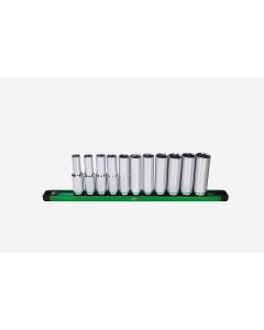 SKTSK01349 image(0) - S K Hand Tools 1/2" Drive, 11 Piece, 6 Point, Deep, Metric Chrome Socket Set.  Packaged on a Rail
