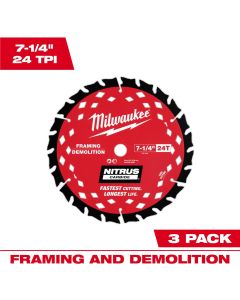 MLW48-40-0753 image(0) - Milwaukee Tool 7-1/4 inch 24T NITRUSCarbideFraming & Demolition Circular Saw Blade &hyphen; 3 PK