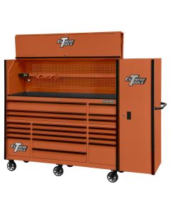 EXTRX7225HRSOK image(0) - Extreme Tools RX Series 72in W x 25in D Professional Extreme Power Workstation Hutch, 19-Drawer Roller Cabinet-150 lbs Slides and 19in 3-Drawer Side Locker Combo, Orange w Black Dr Pulls