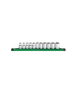 SKTSK01343 image(0) - S K Hand Tools 1/2" Drive, 11 Piece, 6 Point, Shallow, Metric Chrome Socket Set.  Packaged on a Rail