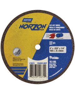 NOR10677 image(0) - Norton NorZon Plus 10677 Cut-Off Wheel, 4 in Dia, 1/16 in THK Wheel, 3/8 in Center Hole, 19100 rpm