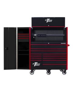 EXTRX55HRSKR image(0) - Extreme Tools RX Series 55in W x 25in D Professional Extreme Power Workstation Hutch, 12-Drawer Roller Cabinet-150 lbs Slides and 19in 3-Drawer Side Locker Combo, Black w Red Dr Pulls