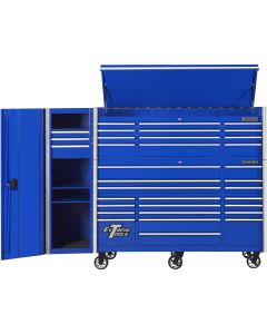 EXTRX7225HRSUC image(0) - Extreme Tools RX Series 72in W x 25in D Professional Extreme Power Workstation Hutch, 19-Drawer Roller Cabinet-150 lbs Slides and 19in 3-Drawer Side Locker Combo, Blue w Chrome Dr Pulls