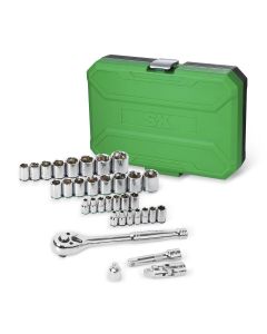 SKTSK01541 image(0) - S K Hand Tools 3/8" & 1/4" Drive, 34 Piece, 6 Point, Shallow & Deep, SAE & Metric Chrome Sockets Set with Ratchet, Universal Joint, Extension, and Adapter