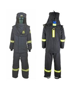 OBRTCG7B-ESL-4XL-HVSL image(0) - OBERON Suit Kit - Arc Flash - 140 Cal TCG - Comes with Hood, Coat, Bib Coveralls and Fresh Air Arc Flash Hood Ventilation System & Light - With Escape Strap - With Leg Zippers - Color: Black - Size: 4XL