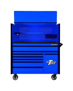 EXTDX5509HRUK image(0) - Extreme Tools DX Series 55in W x 25in D Extreme Power Workstation Hutch and 8-Drawer Roller Cabinet w Power Tool Drawer  Blue w Black Drawer Pulls