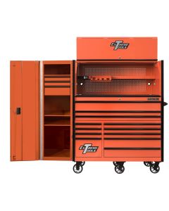 EXTRX55HRSOK image(0) - Extreme Tools RX Series 55in W x 25in D Professional Extreme Power Workstation Hutch, 12-Drawer Roller Cabinet-150 lbs Slides and 19in 3-Drawer Side Locker Combo, Orange w Black Dr Pulls