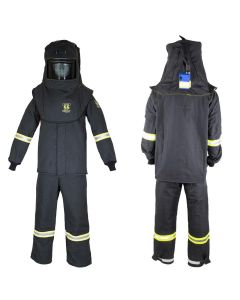 OBRTCG55B-4XL-HVSL image(0) - OBERON Suit Kit - Arc Flash - 55 Cal TCG - Comes with Hood, Coat, Bib Coveralls and  Fresh Air Arc Flash Hood Ventilation System & Light - Color: Black - Size: 4XL