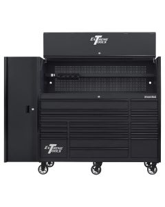 EXTRX7230HRSMK image(0) - Extreme Tools RX Series 72in W x 30in D Professional Extreme Power Workstation Hutch, 19-Drawer Roller Cabinet-250 lbs Slides and 19in 3-Drawer Side Locker Combo, Matte Black w Black Dr Pulls