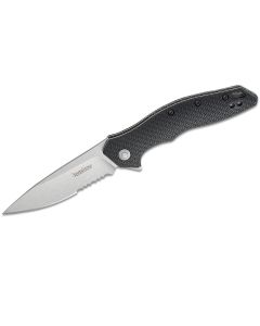 KER1845ST image(0) - Kershaw Shoreline Serrated Assisted Open Liner Lock 8Cr13MoV Drop Point Blade with Stonewashed Finish EDC Folding Pocket Knife - Black