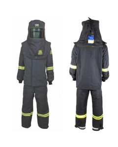 OBRTCG7B-M-HVS image(0) - OBERON Suit Kit - Arc Flash - 140 Cal TCG - Comes with Hood, Coat, Bib Coveralls and Fresh Air Arc Flash Hood Ventilation System - Color: Black - Size: Medium