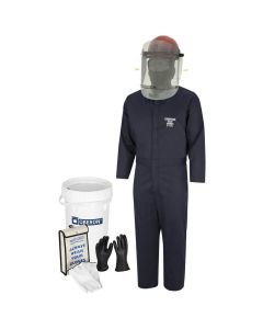 OBREV-BKT-SM-9 image(0) - OBERON Suit Kit - Arc Flash & Shock  - 8 Cal HRC2 -  Electric Vehicle - TCG Arc Flash Face Shield w/Hard Cap, Balaclava, Coverall with Escape Strap, Safety Glasses, Earplugs, Storage Bucket, Class 0 Glove Kit - Size: Large - 9, C