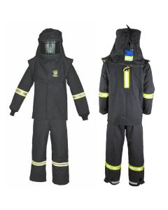 OBRTCG6B-ESL-XL-HVSL image(0) - OBERON Suit Kit - Arc Flash - 100 Cal TCG  - Comes with Hood, Coat, Bib Coveralls and  Fresh Air Arc Flash Hood Ventilation System & Light - With Escape Strap - With Leg Zippers - Color: Black - Size: XL