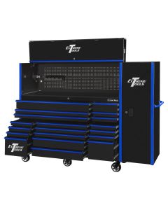 EXTRX7230HRSKU image(0) - Extreme Tools RX Series 72in W x 30in D Professional Extreme Power Workstation Hutch, 19-Drawer Roller Cabinet-250 lbs Slides and 19in 3-Drawer Side Locker Combo, Black w Blue Dr Pulls