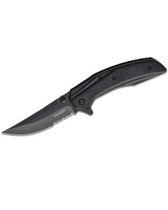 KER8320BLKST image(0) - Kershaw Outright Serrated Assisted Open Frame Lock 8Cr13MoV Trailing Point Blade with Black PVD coating EDC Folding Pocket Knife - Black